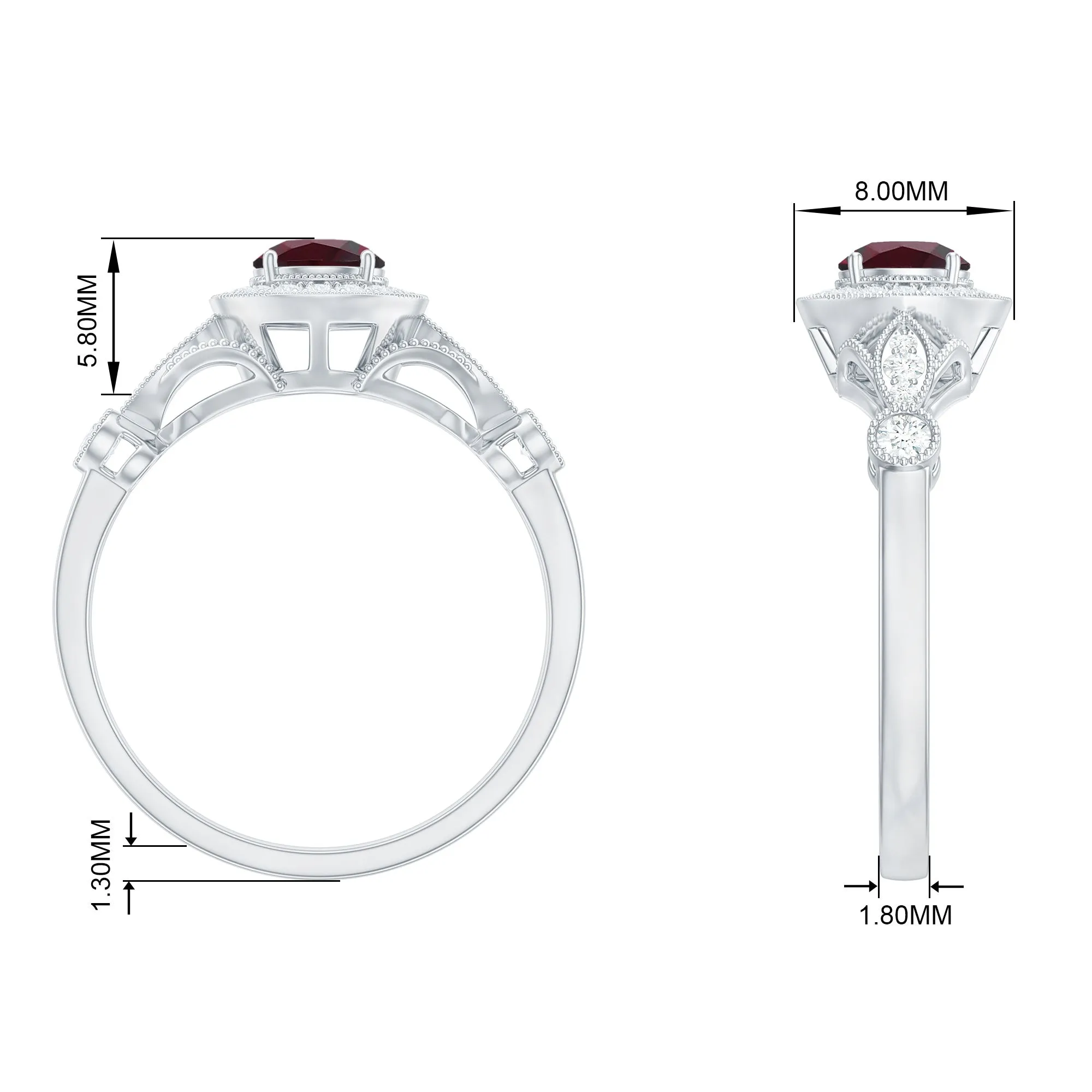 1 CT Antique Rhodolite and Diamond Engagement Ring with Milgrain Details