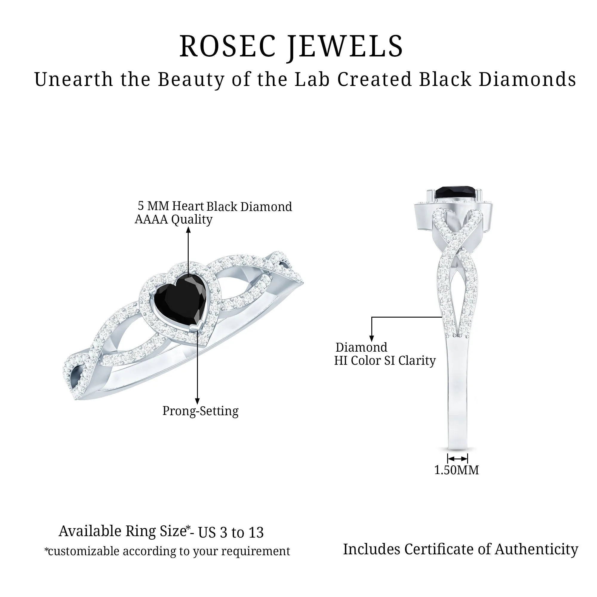 1 CT Created Black Diamond Heart Crisscross Engagement Ring with Diamond