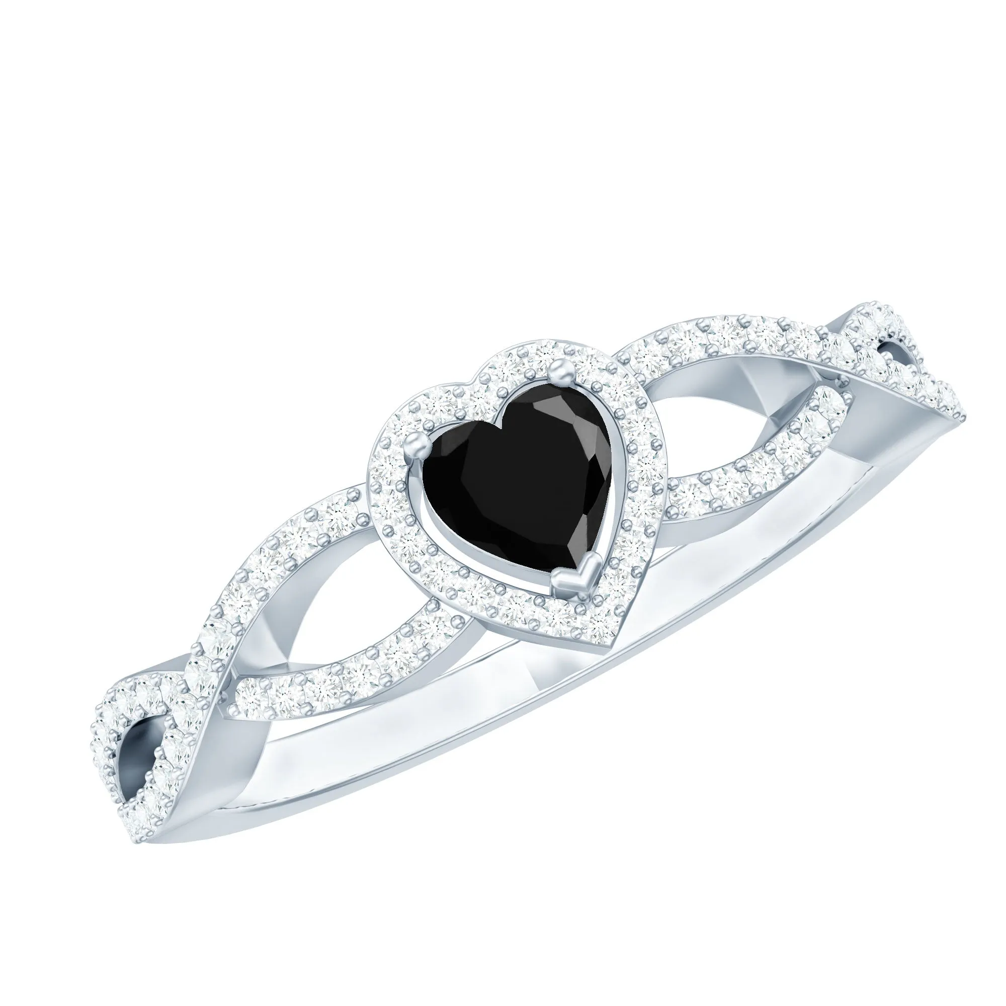 1 CT Created Black Diamond Heart Crisscross Engagement Ring with Diamond