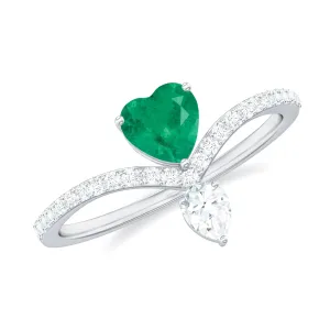 1 CT Heart Emerald Designer Solitaire Engagement Ring with Diamond Accent