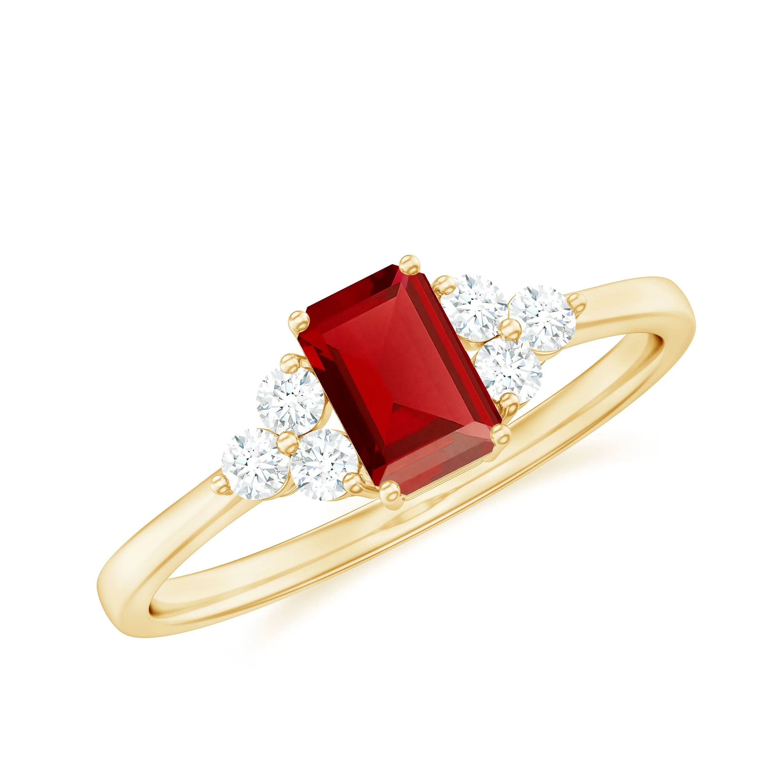 1 CT Octagon Cut Lab Grown Ruby Solitaire Ring with Diamond Trio