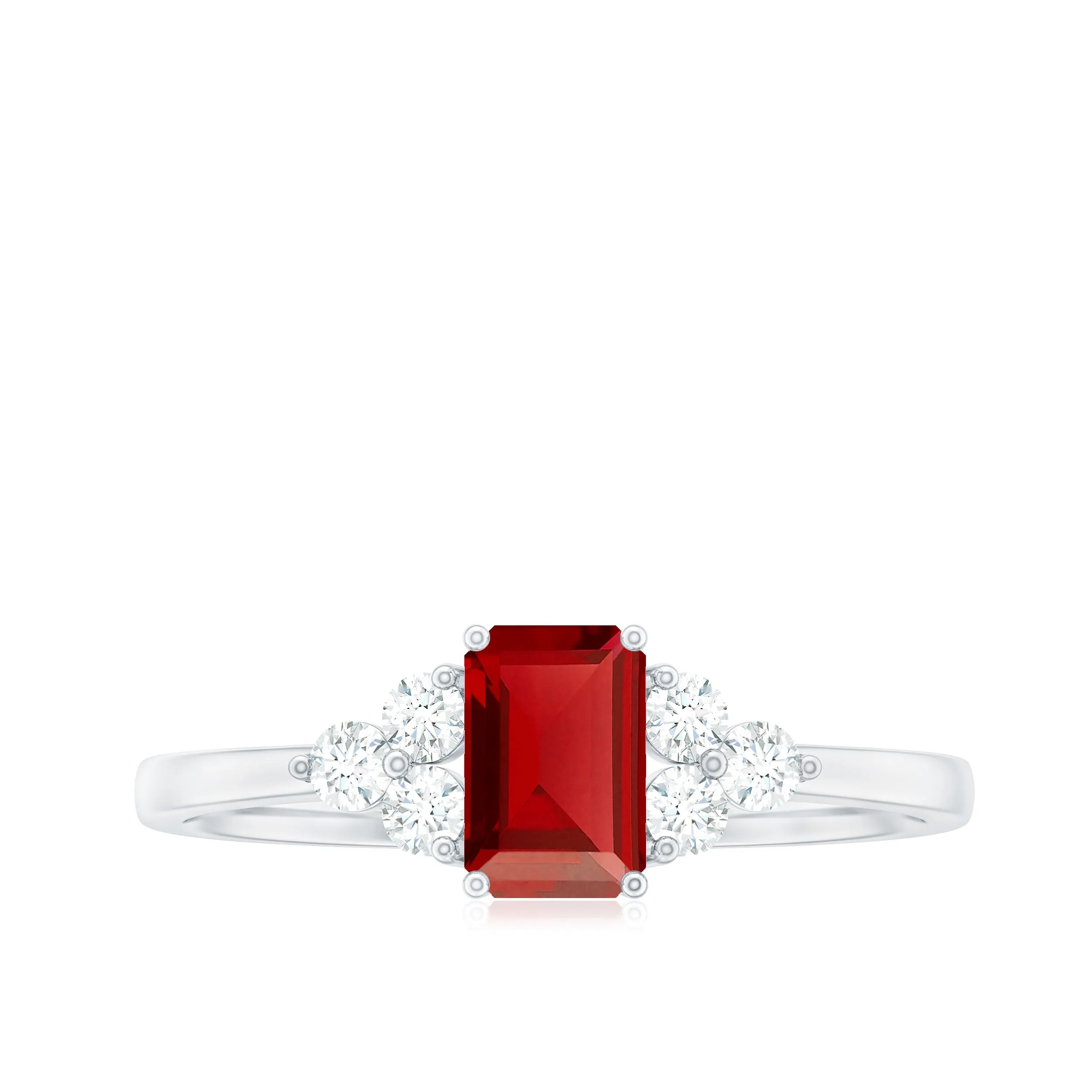 1 CT Octagon Cut Lab Grown Ruby Solitaire Ring with Diamond Trio