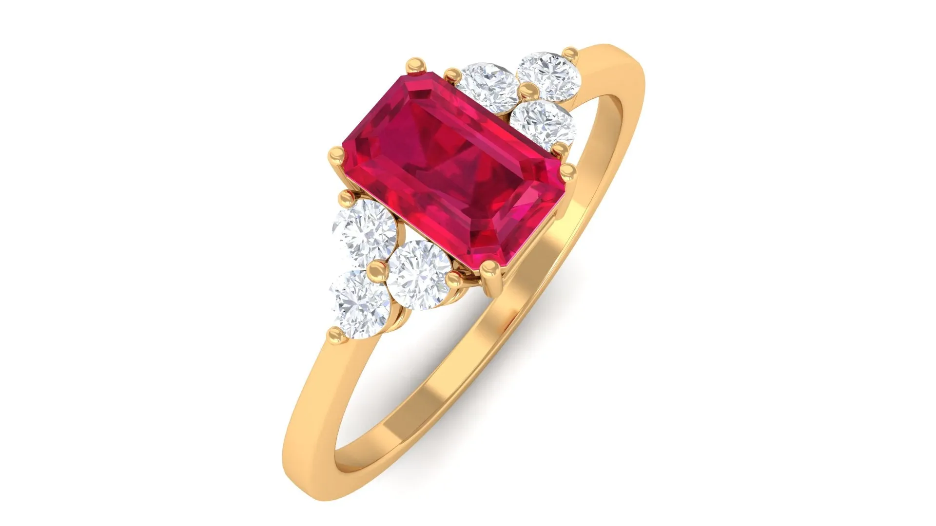 1 CT Octagon Cut Lab Grown Ruby Solitaire Ring with Diamond Trio