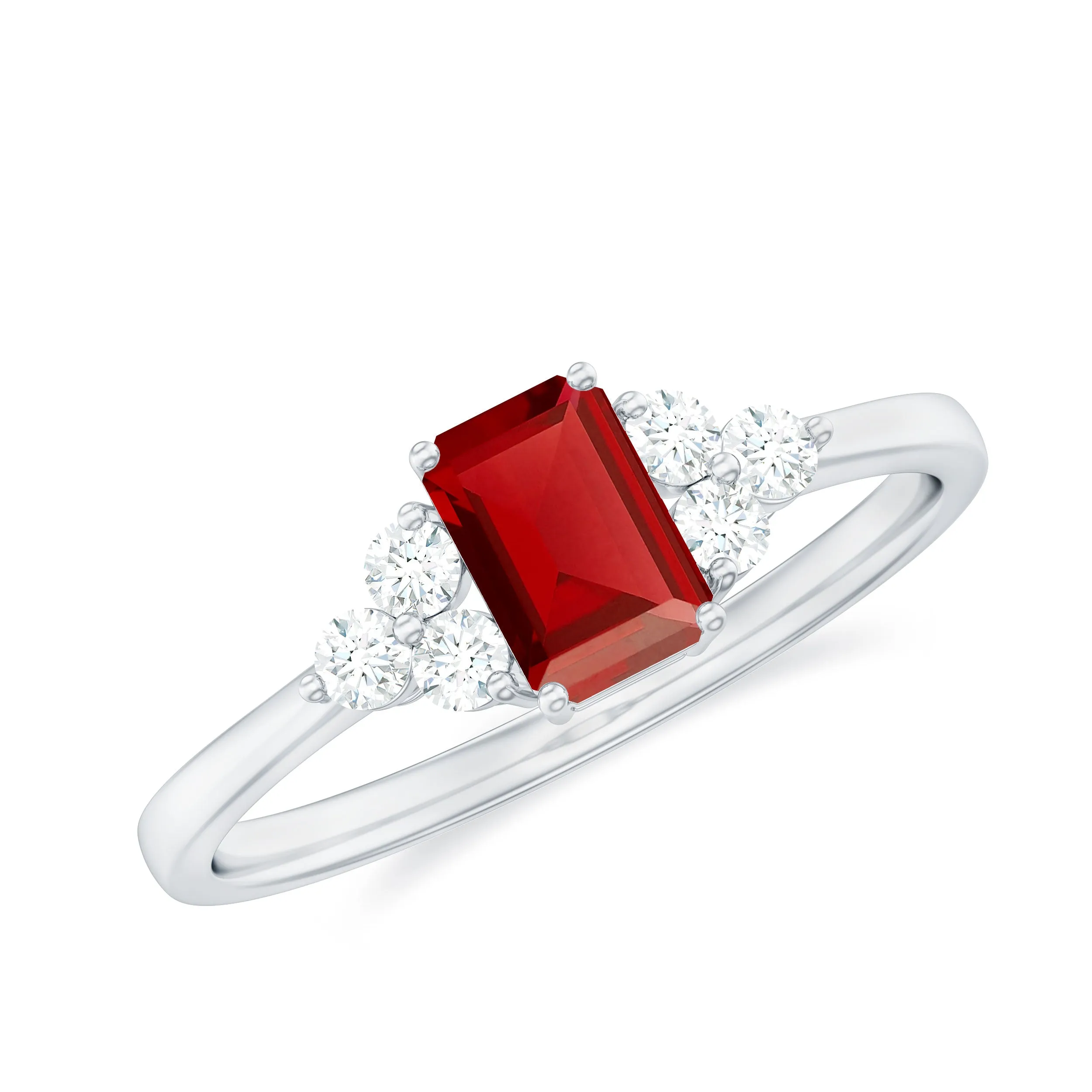 1 CT Octagon Cut Lab Grown Ruby Solitaire Ring with Diamond Trio