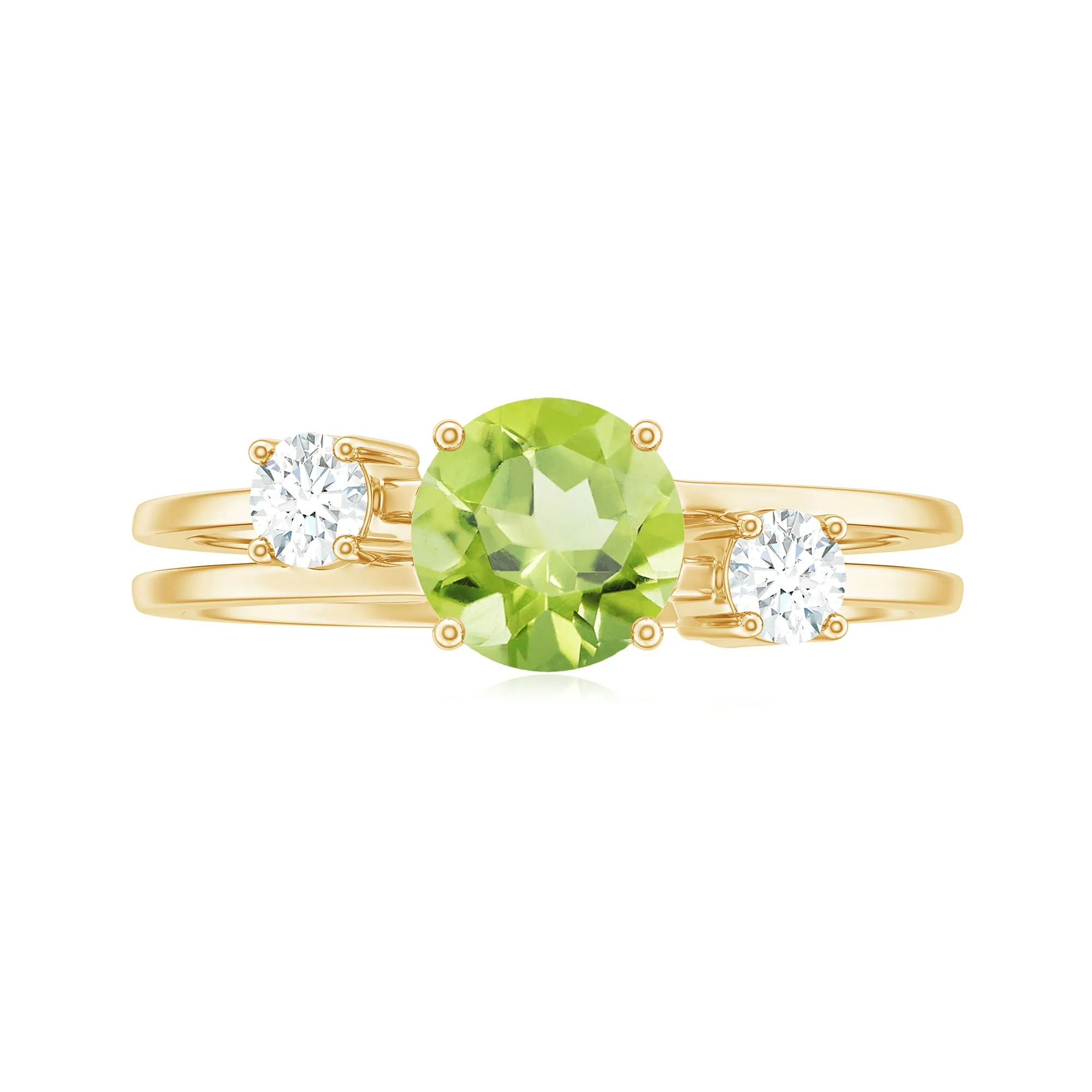 1 CT Peridot Solitaire Double Band Ring with Diamond Stones