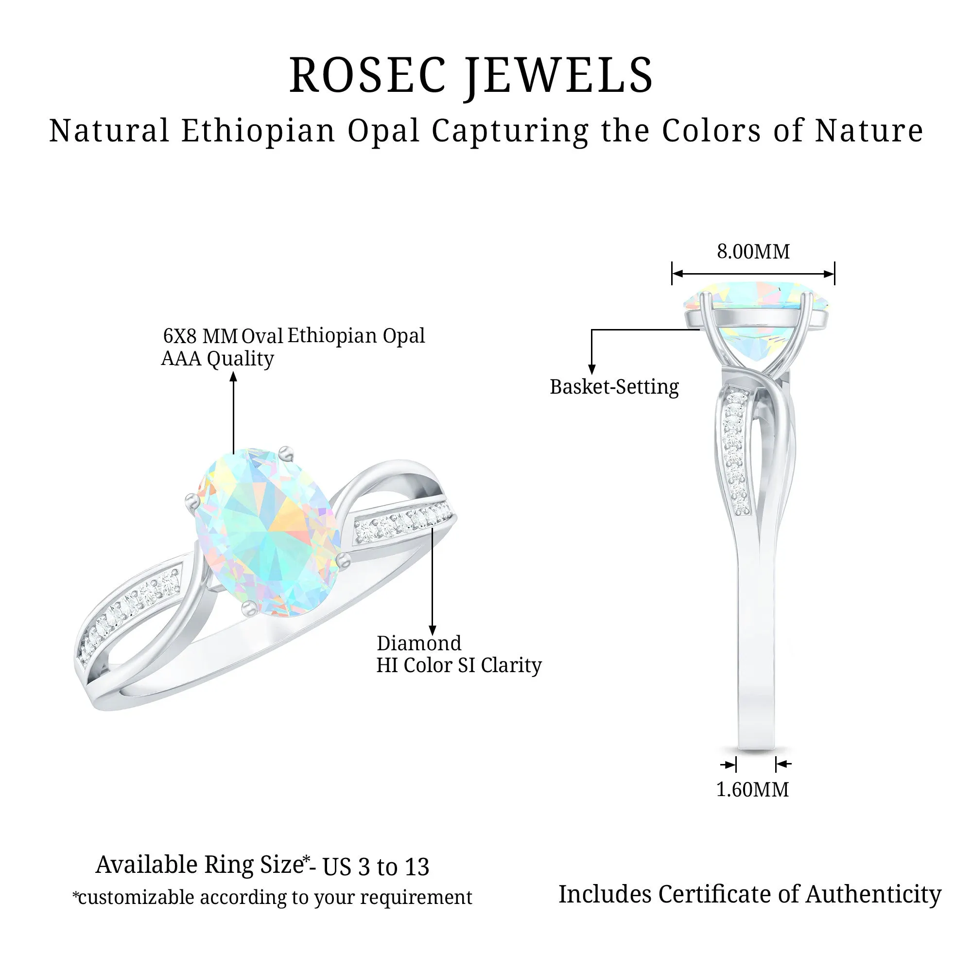 1.25 CT Oval Cut Ethiopian Opal Solitaire Ring with Diamond