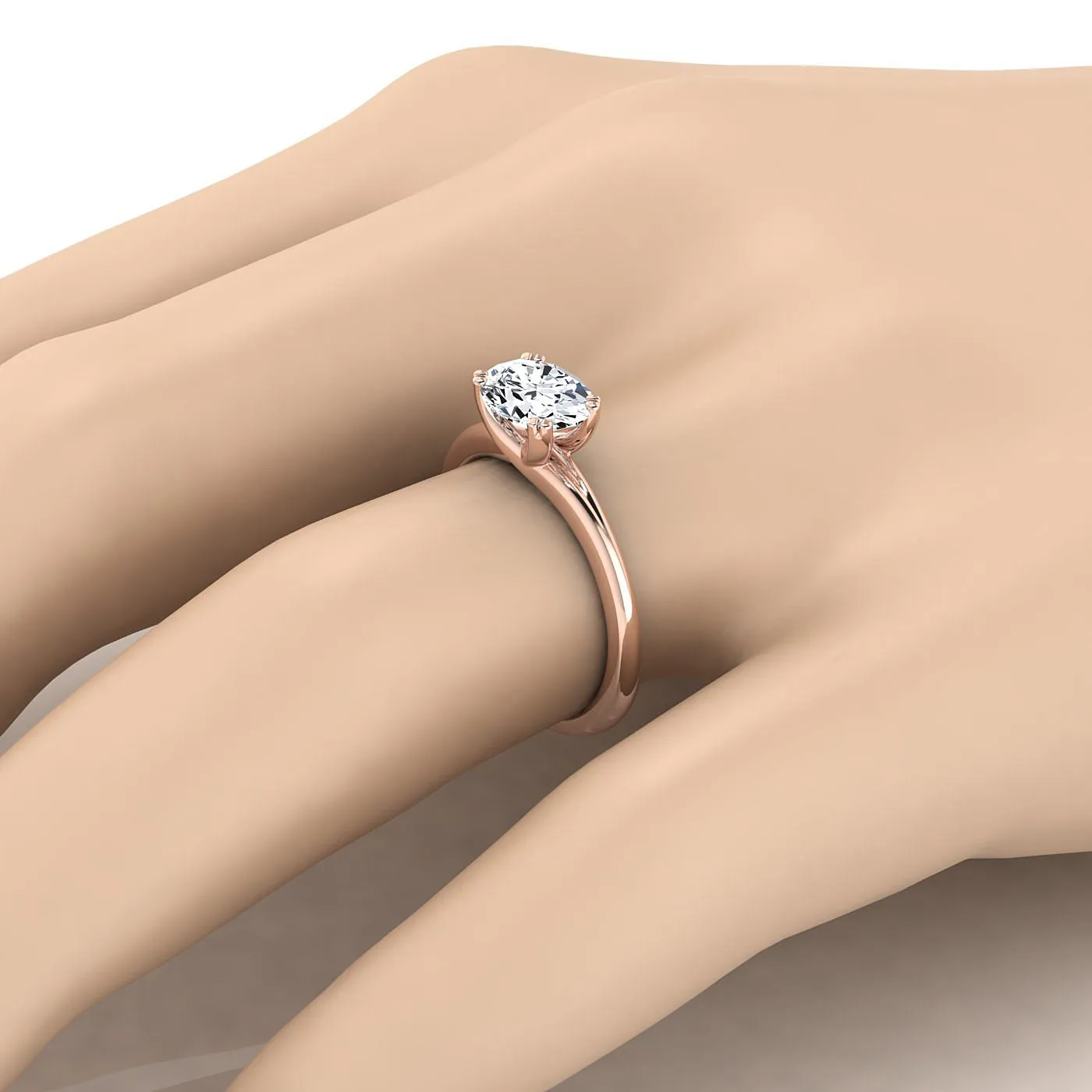 14K Rose Gold Oval East West Eight Claw Comfort Fit Solitaire Engagement Ring