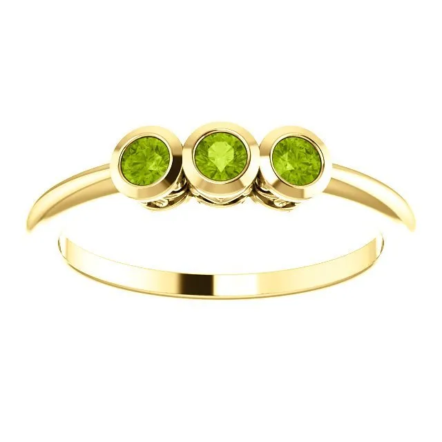 14KT GOLD 0.27 CTW ROUND PERIDOT BEZEL-SET 3 STONE RING