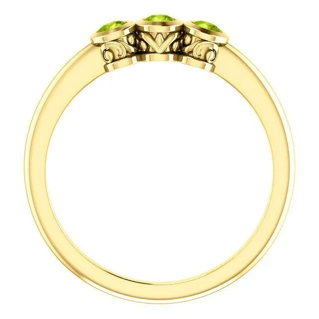 14KT GOLD 0.27 CTW ROUND PERIDOT BEZEL-SET 3 STONE RING