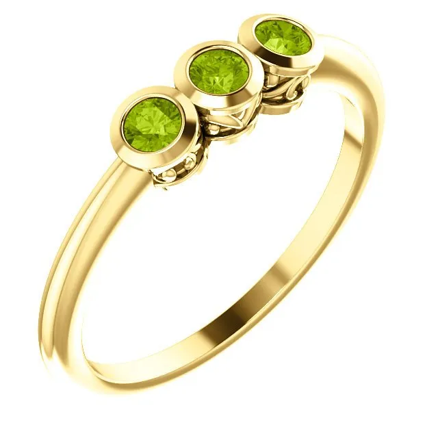 14KT GOLD 0.27 CTW ROUND PERIDOT BEZEL-SET 3 STONE RING