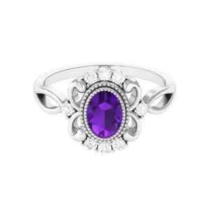 1.5 CT Vintage Inspired Oval Amethyst Engagement Ring with Diamond