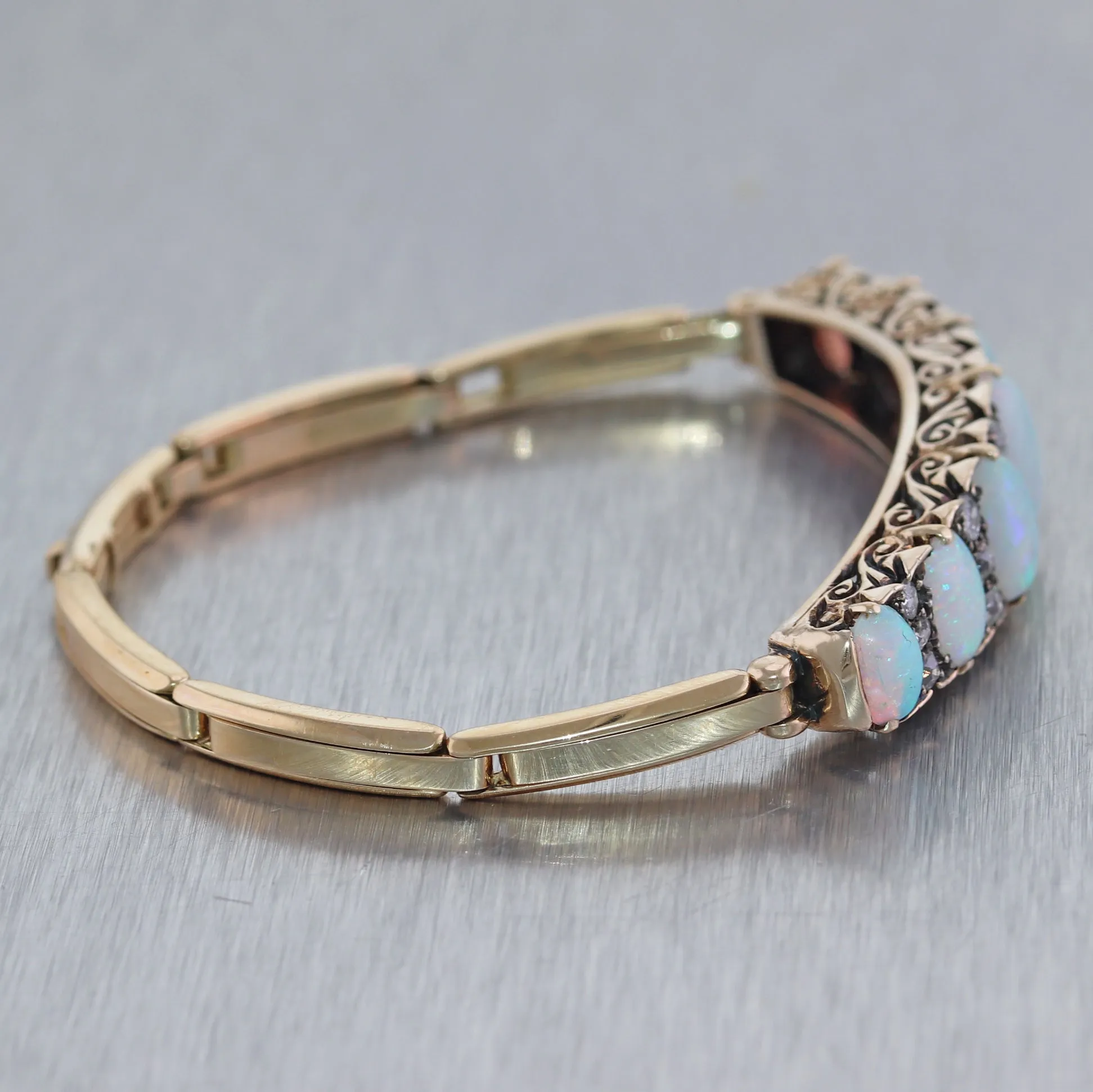 1880's Antique Victorian 14k Yellow Gold Opal & 1ctw Diamond Bangle Bracelet