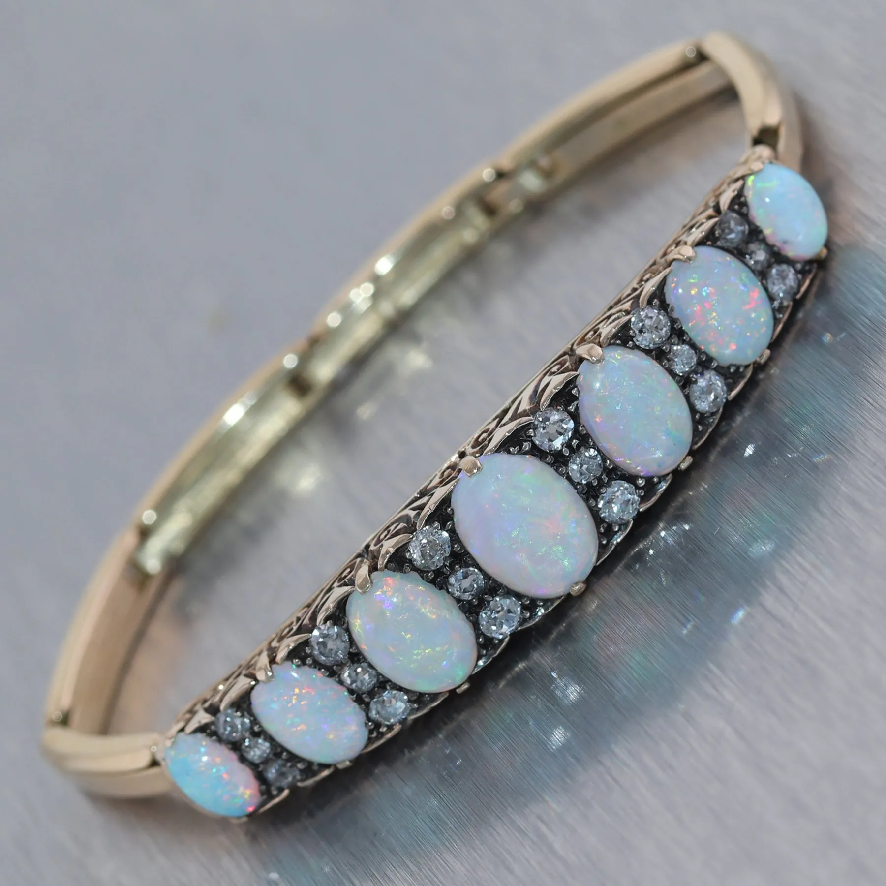 1880's Antique Victorian 14k Yellow Gold Opal & 1ctw Diamond Bangle Bracelet