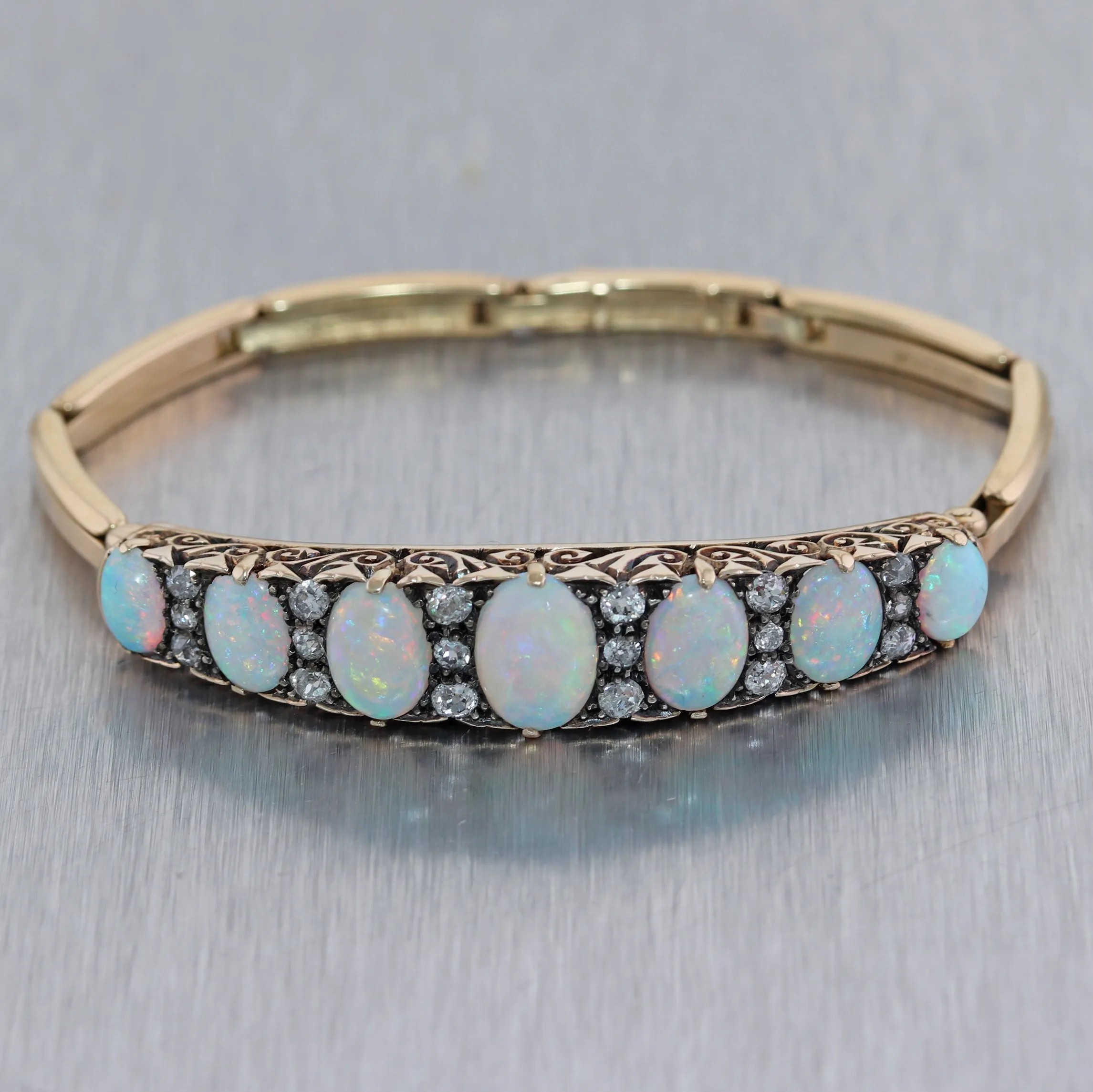 1880's Antique Victorian 14k Yellow Gold Opal & 1ctw Diamond Bangle Bracelet