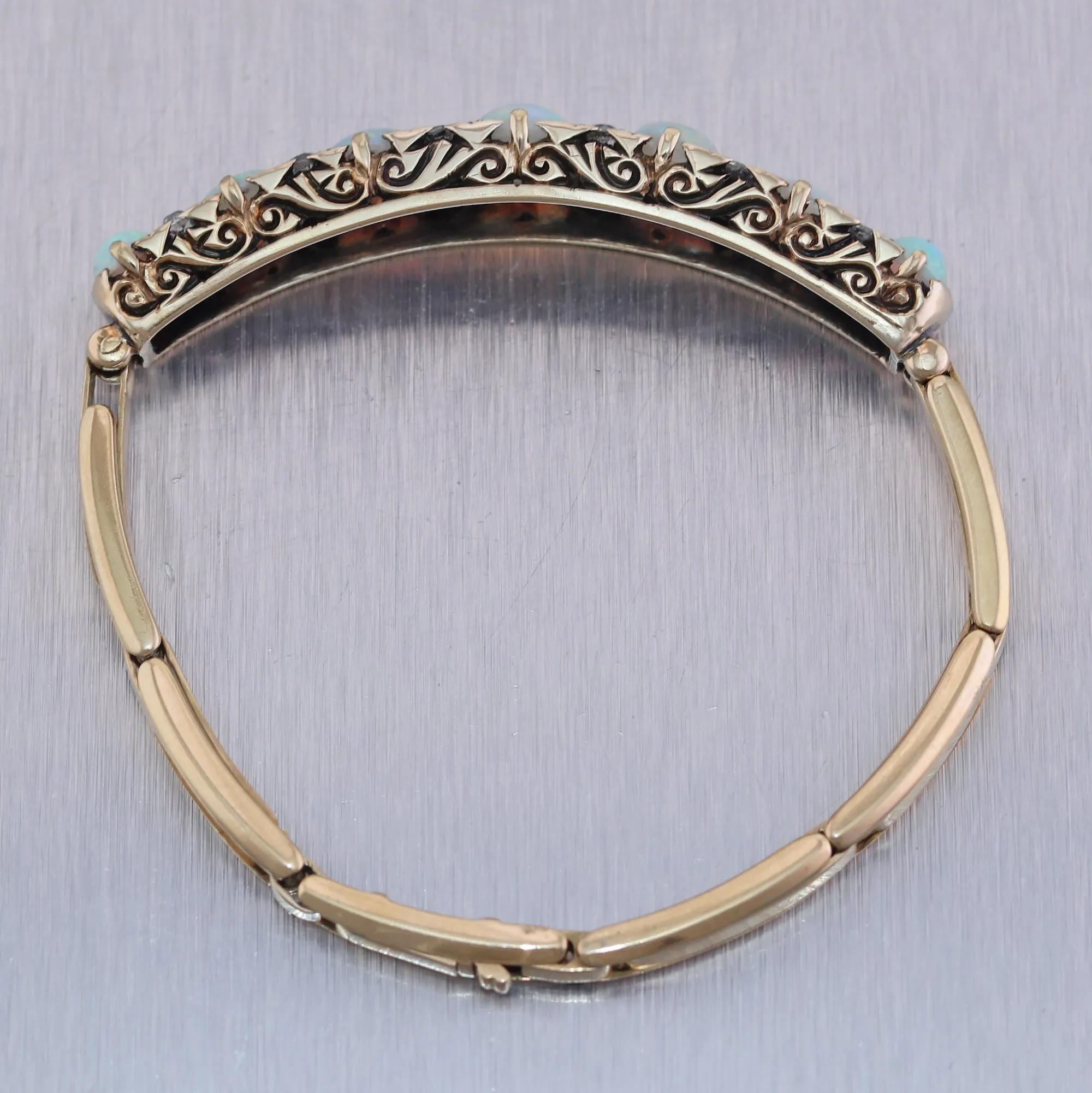 1880's Antique Victorian 14k Yellow Gold Opal & 1ctw Diamond Bangle Bracelet