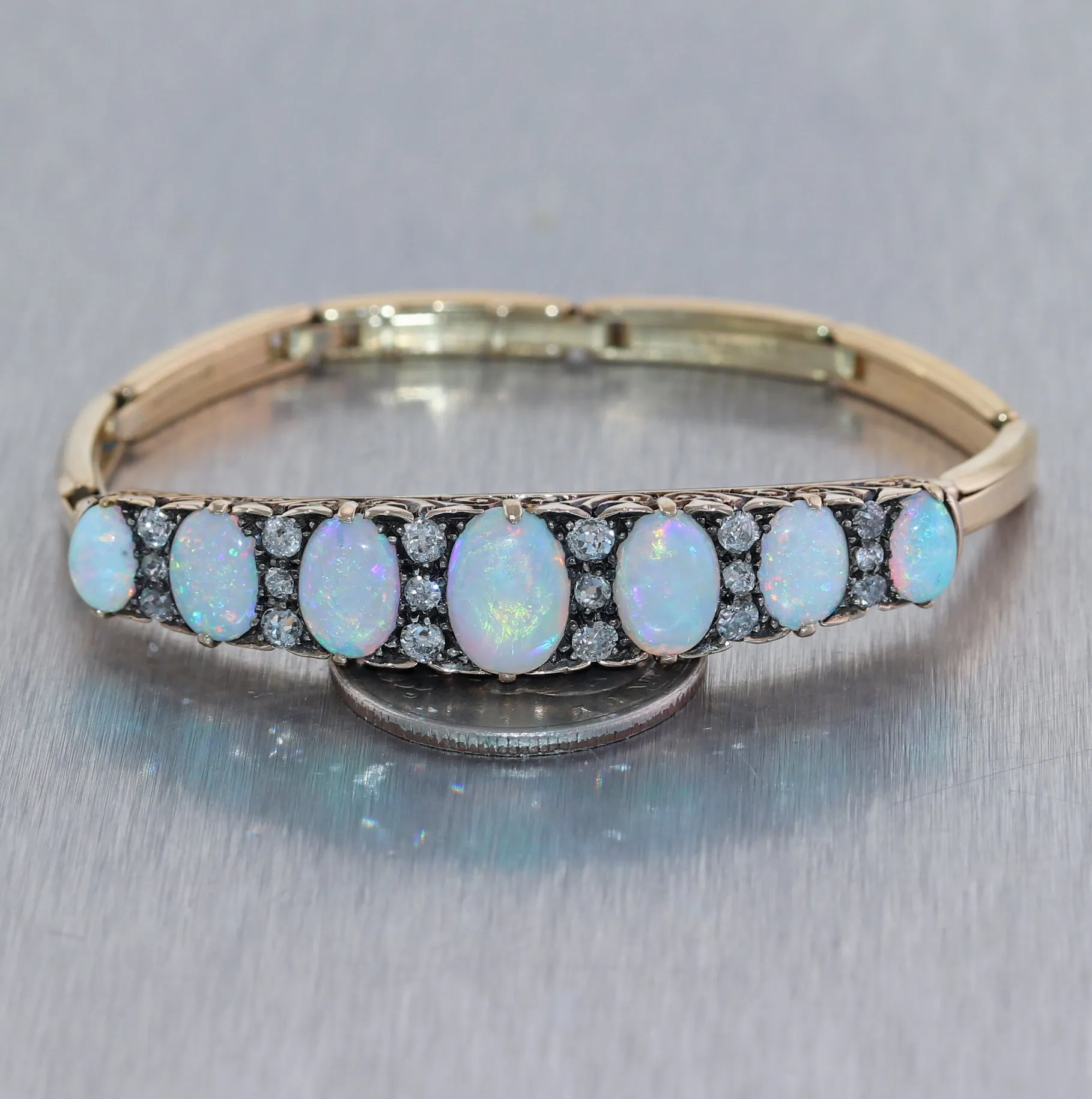 1880's Antique Victorian 14k Yellow Gold Opal & 1ctw Diamond Bangle Bracelet