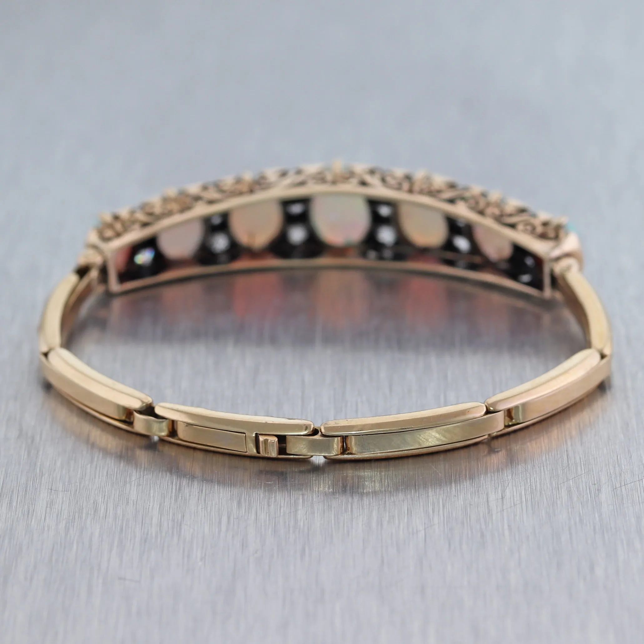 1880's Antique Victorian 14k Yellow Gold Opal & 1ctw Diamond Bangle Bracelet