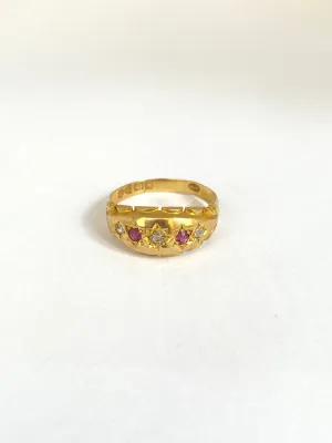 18ct Antique, Victorian 18ct Gold, Ruby And Diamond Gypsy Ring, Hallmarked for 18ct Gold, Chester 1900