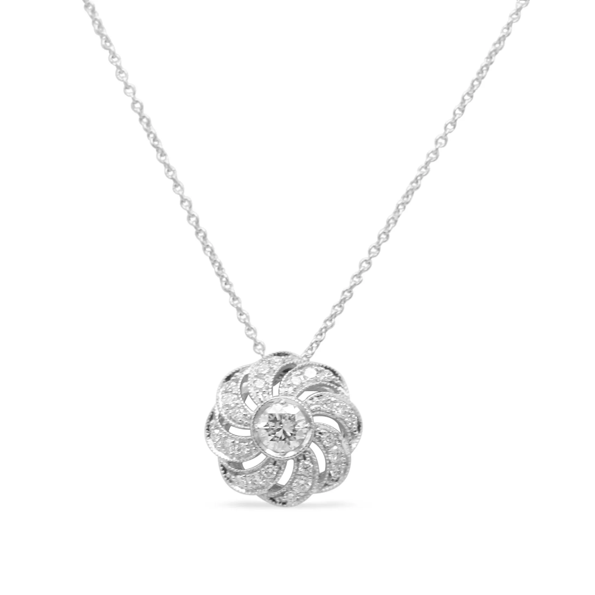 18ct White Gold Diamond Swirl Pendant Necklace 17"