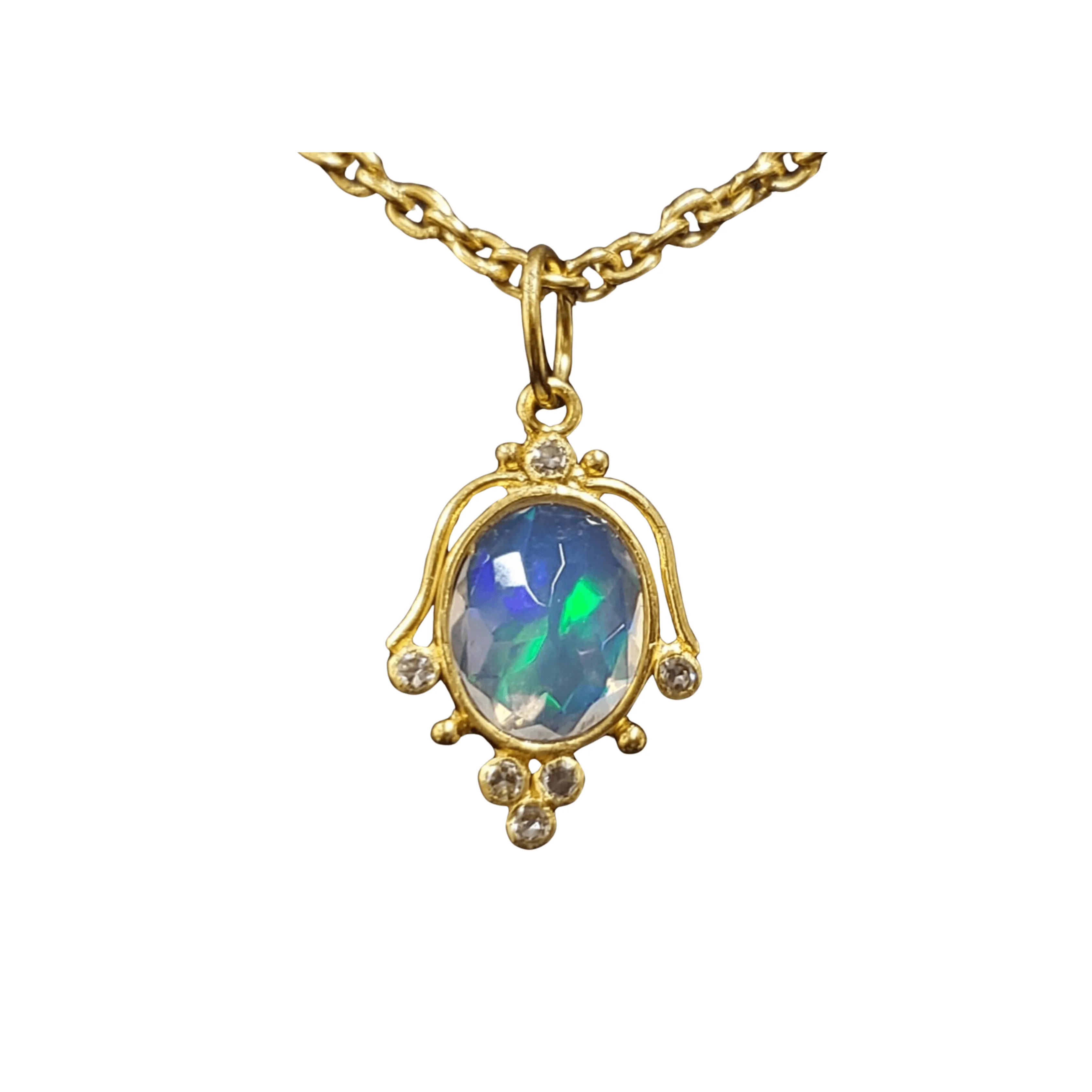 18k Gold Oval Opal with Diamond Pendant