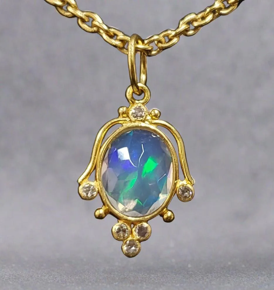 18k Gold Oval Opal with Diamond Pendant