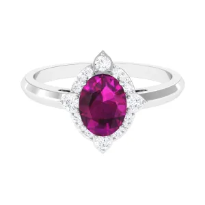 2 CT Art Deco Engagement Ring with Oval Shape Rhodolite and Diamond Accent