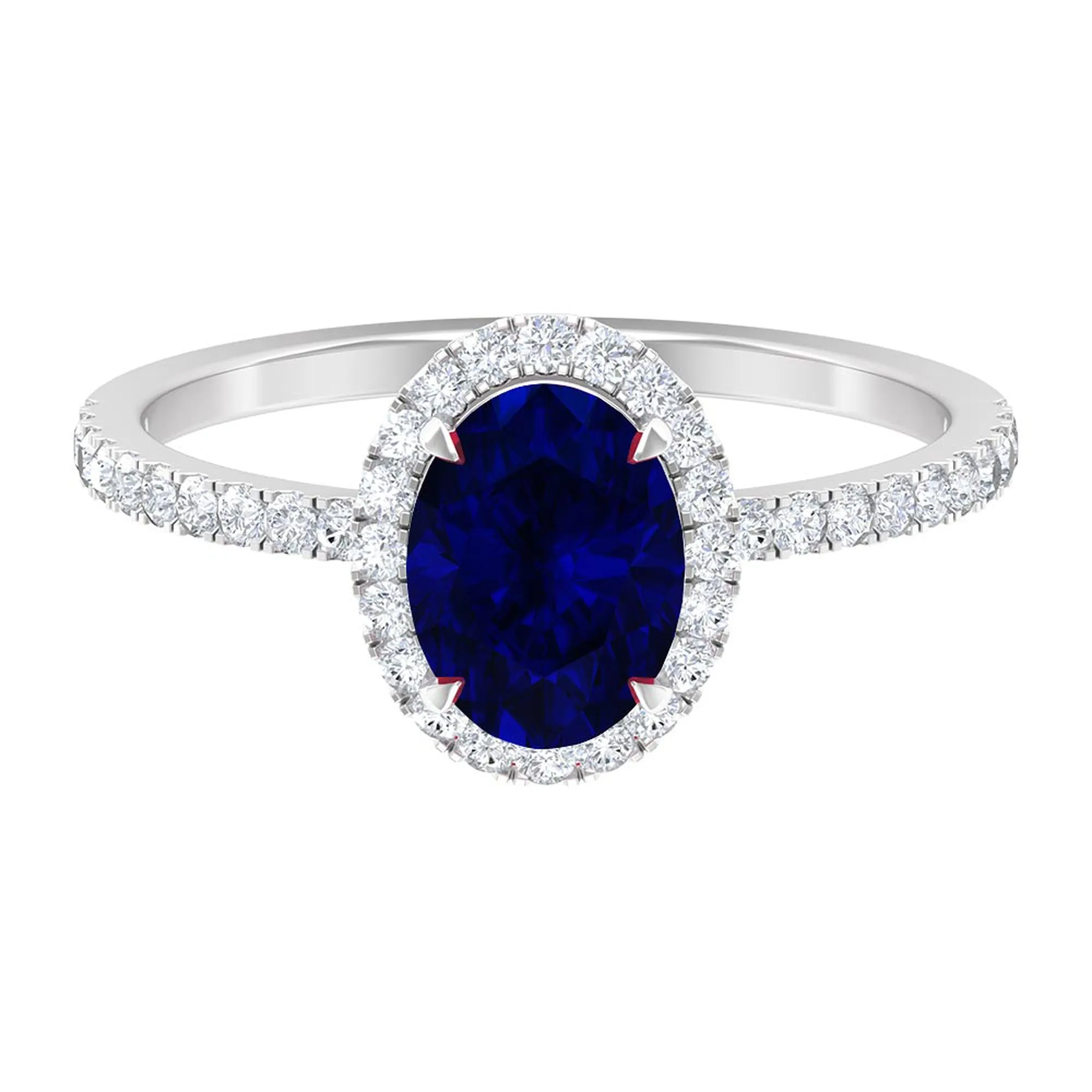 2 CT Oval Cut Lab Created Blue Sapphire Ring with Diamond Halo and Side Stones