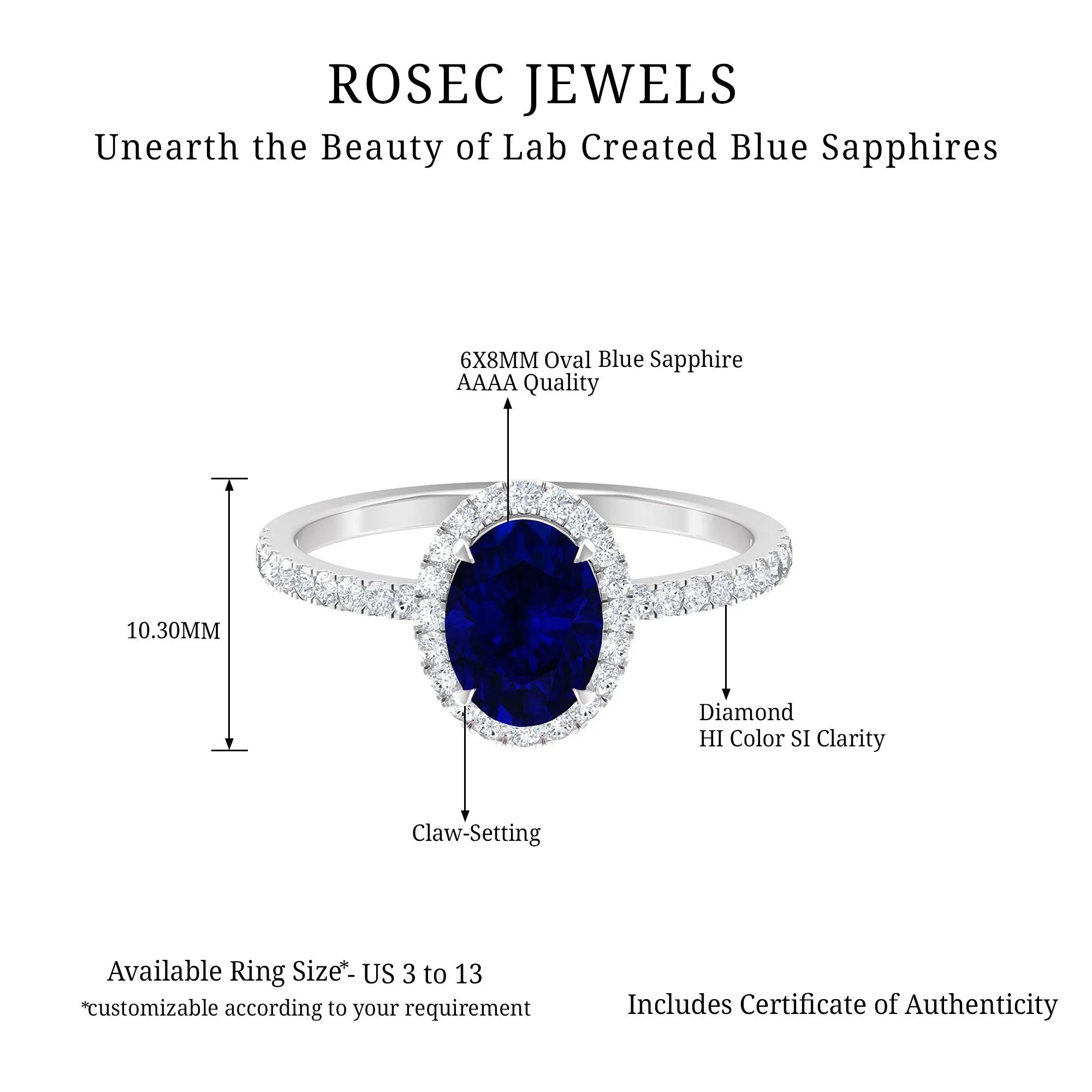 2 CT Oval Cut Lab Created Blue Sapphire Ring with Diamond Halo and Side Stones