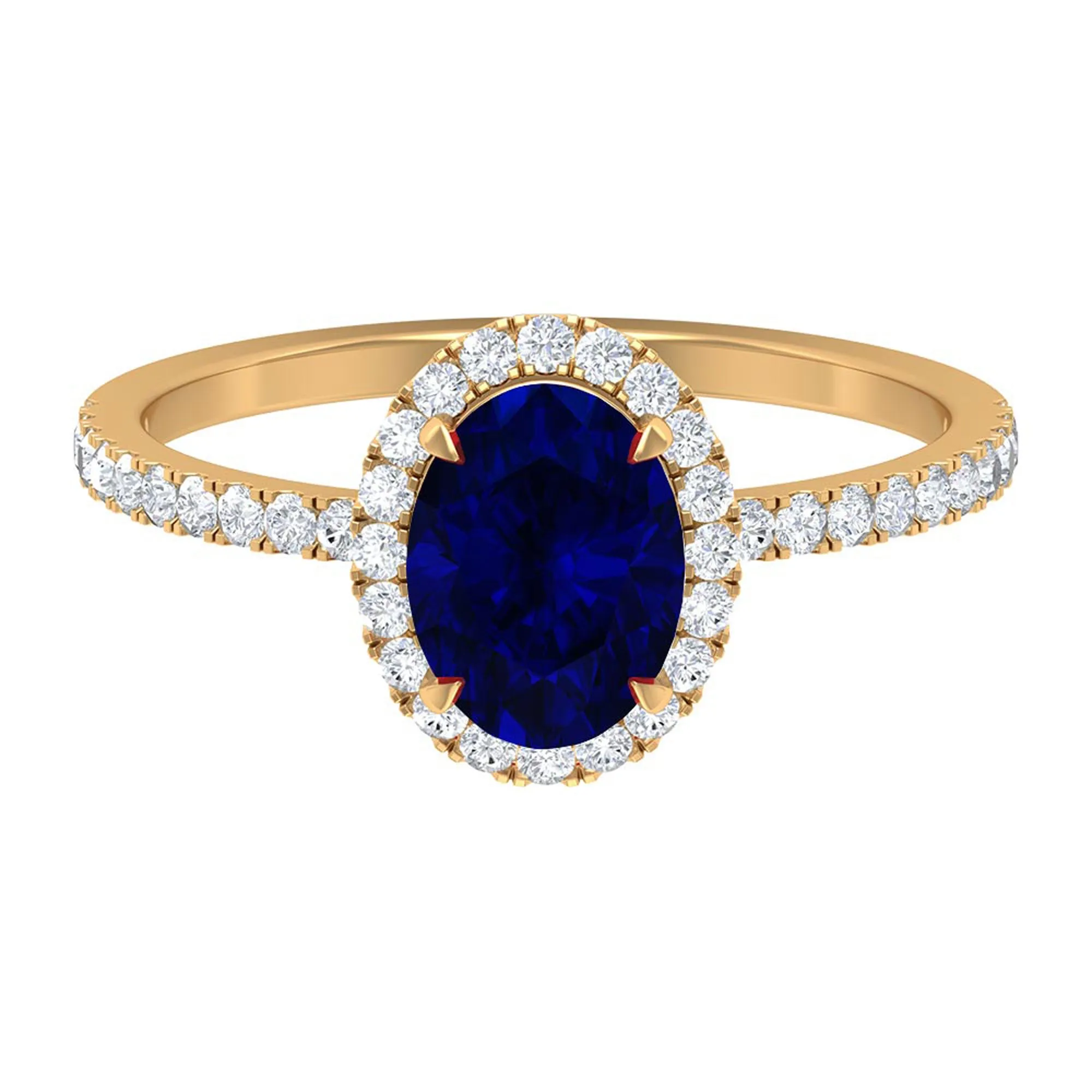 2 CT Oval Cut Lab Created Blue Sapphire Ring with Diamond Halo and Side Stones