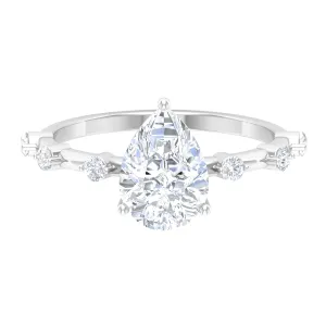 2 CT Three Prong Set Pear Cut Solitaire Moissanite Ring with Spaced Accent