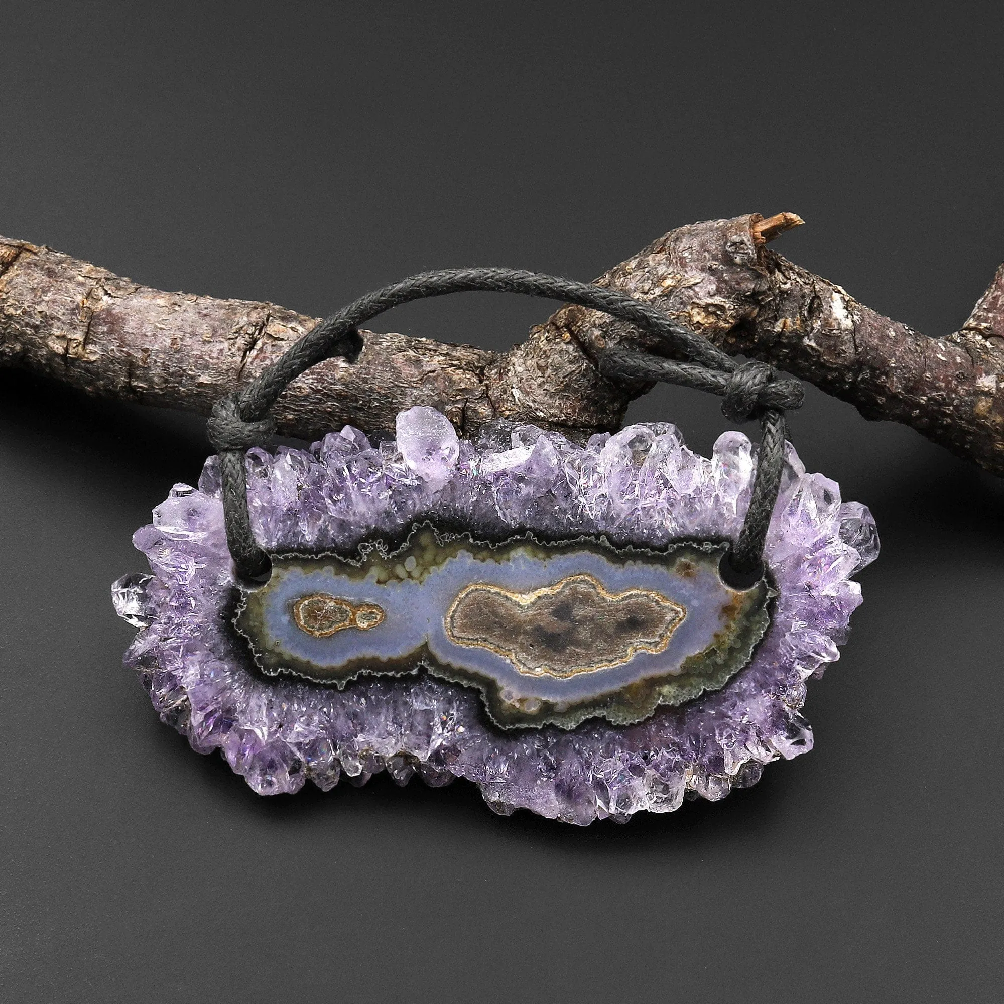 2 Hole Pendant Natural Amethyst Stalactite Flower Pendant Flat Slice Freeform One of a Kind P0121