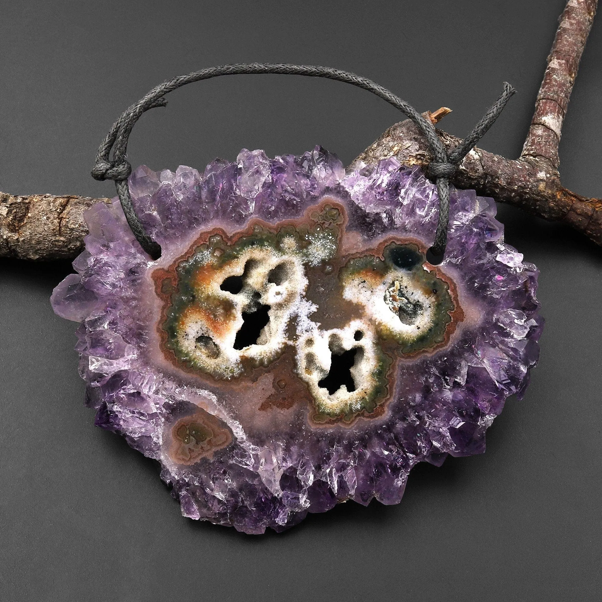 2 Hole Pendant Natural Amethyst Stalactite Flower Pendant Flat Slice Freeform One of a Kind P0129