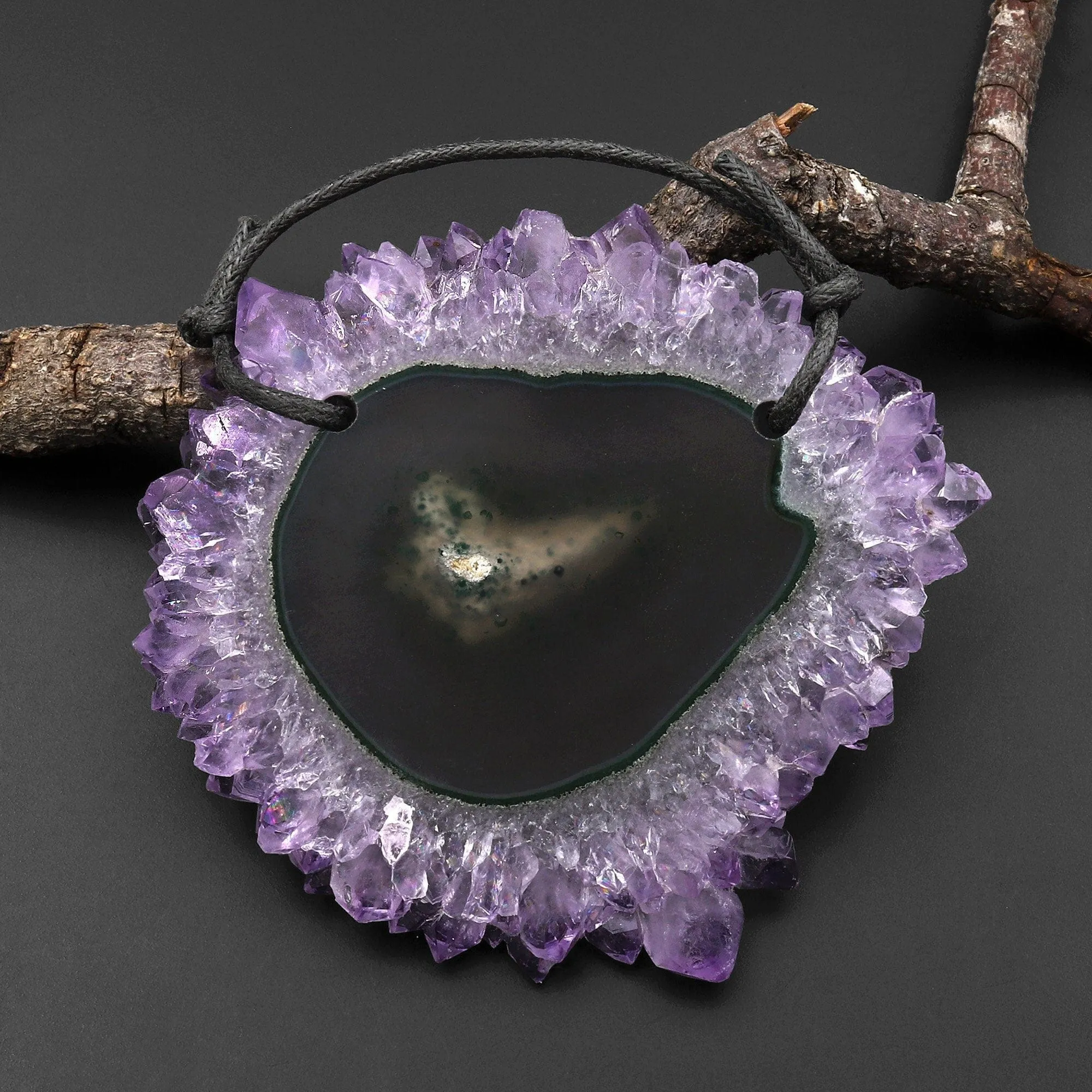 2 Hole Pendant Natural Amethyst Stalactite Flower Pendant Flat Slice Freeform One of a Kind P0130