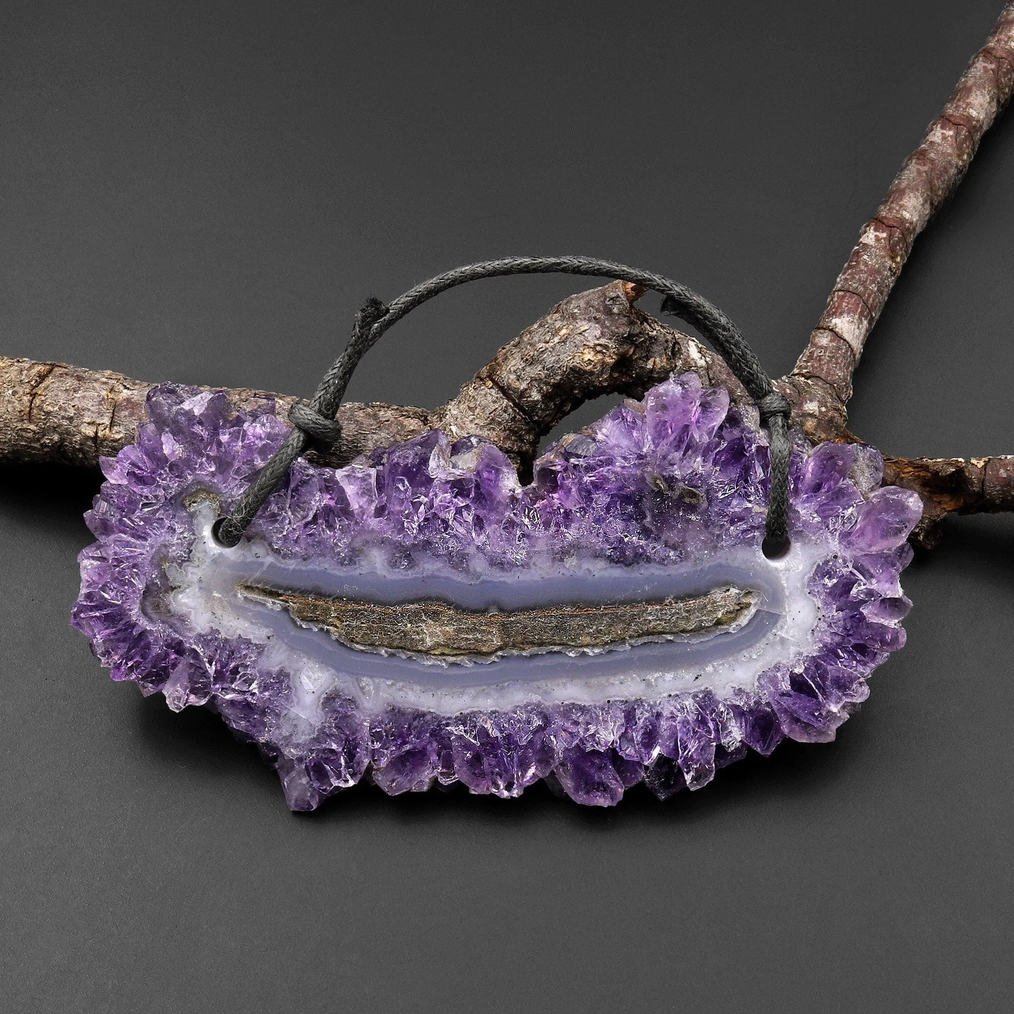 2 Hole Pendant Natural Amethyst Stalactite Flower Pendant Flat Slice Freeform One of a Kind P0134