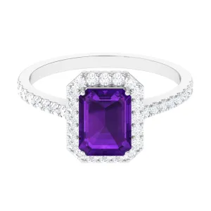 2.25 CT Octagon Cut Amethyst Solitaire Ring with Diamond Side Stones