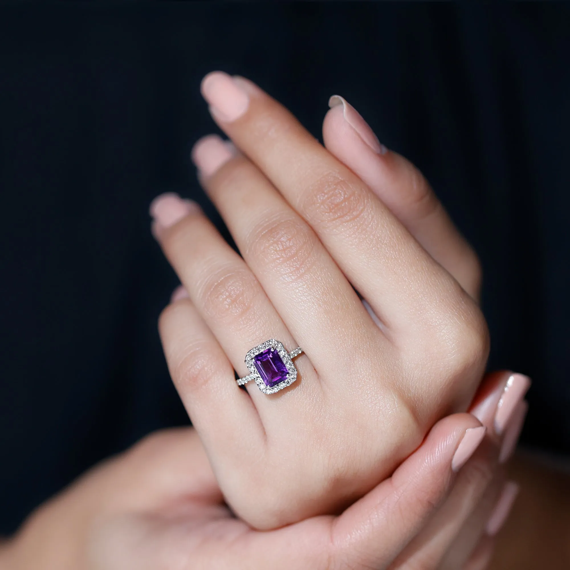 2.25 CT Octagon Cut Amethyst Solitaire Ring with Diamond Side Stones