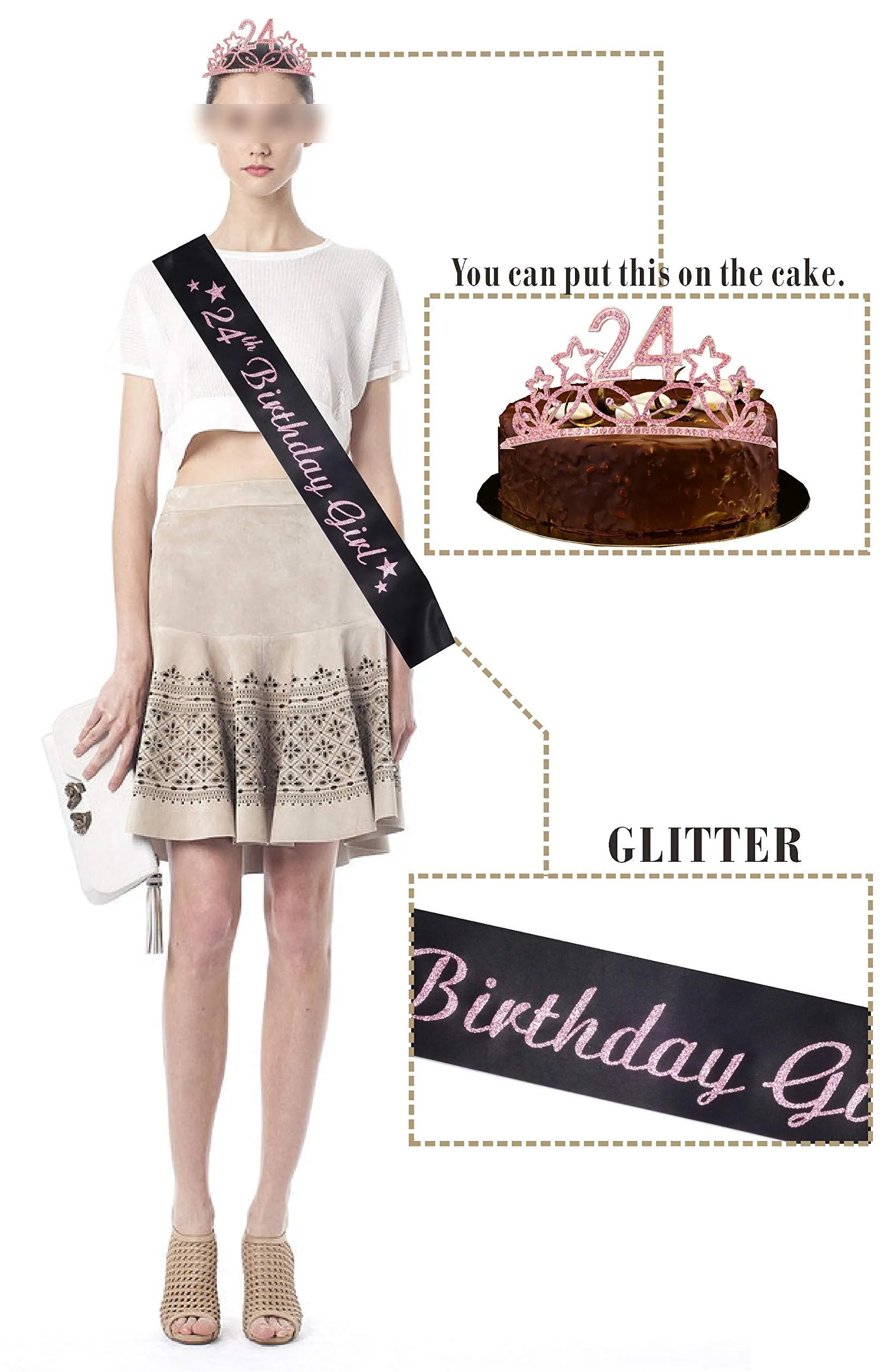 24th Birthday Gifts for Women, 24th Birthday Tiara and Sash pink, Happy 24th Birthday