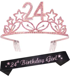 24th Birthday Gifts for Women, 24th Birthday Tiara and Sash pink, Happy 24th Birthday