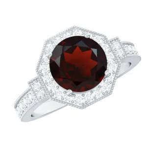 3.25 CT Garnet Vintage Engagement Ring with Diamond Side Stones and Milgrain Detailing