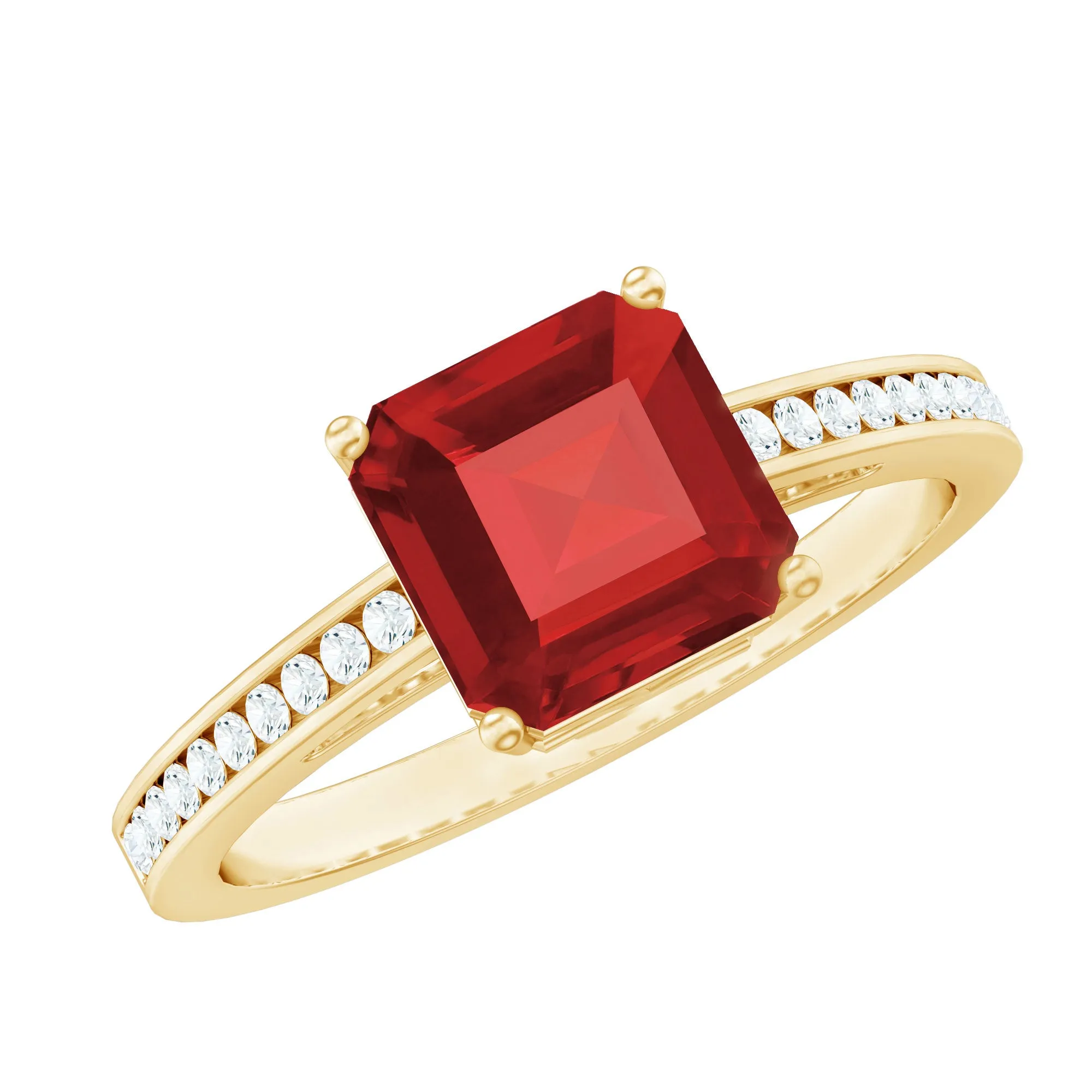 4.25 CT Asscher Cut Created Ruby Solitaire Engagement Ring with Diamond Side Stones