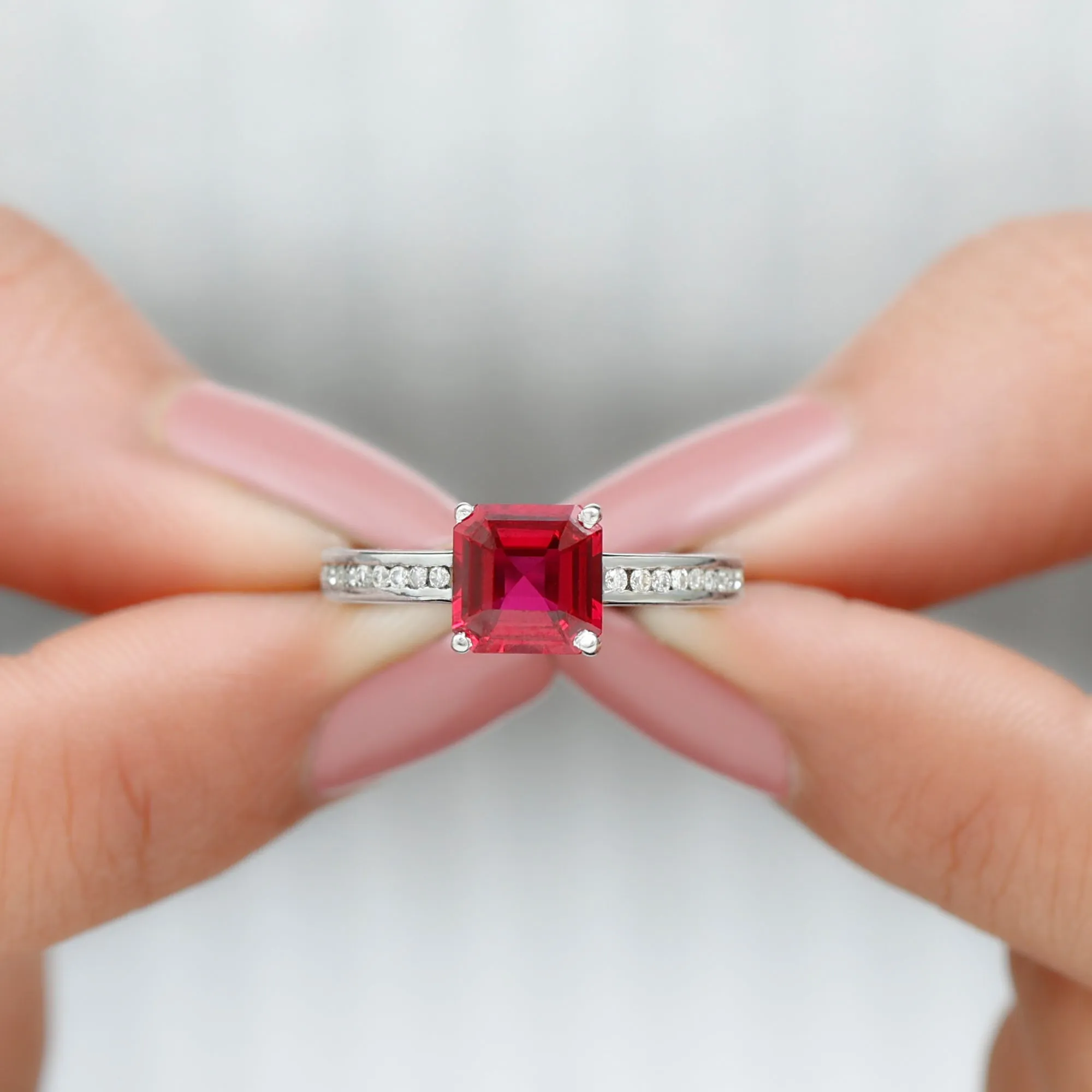 4.25 CT Asscher Cut Created Ruby Solitaire Engagement Ring with Diamond Side Stones