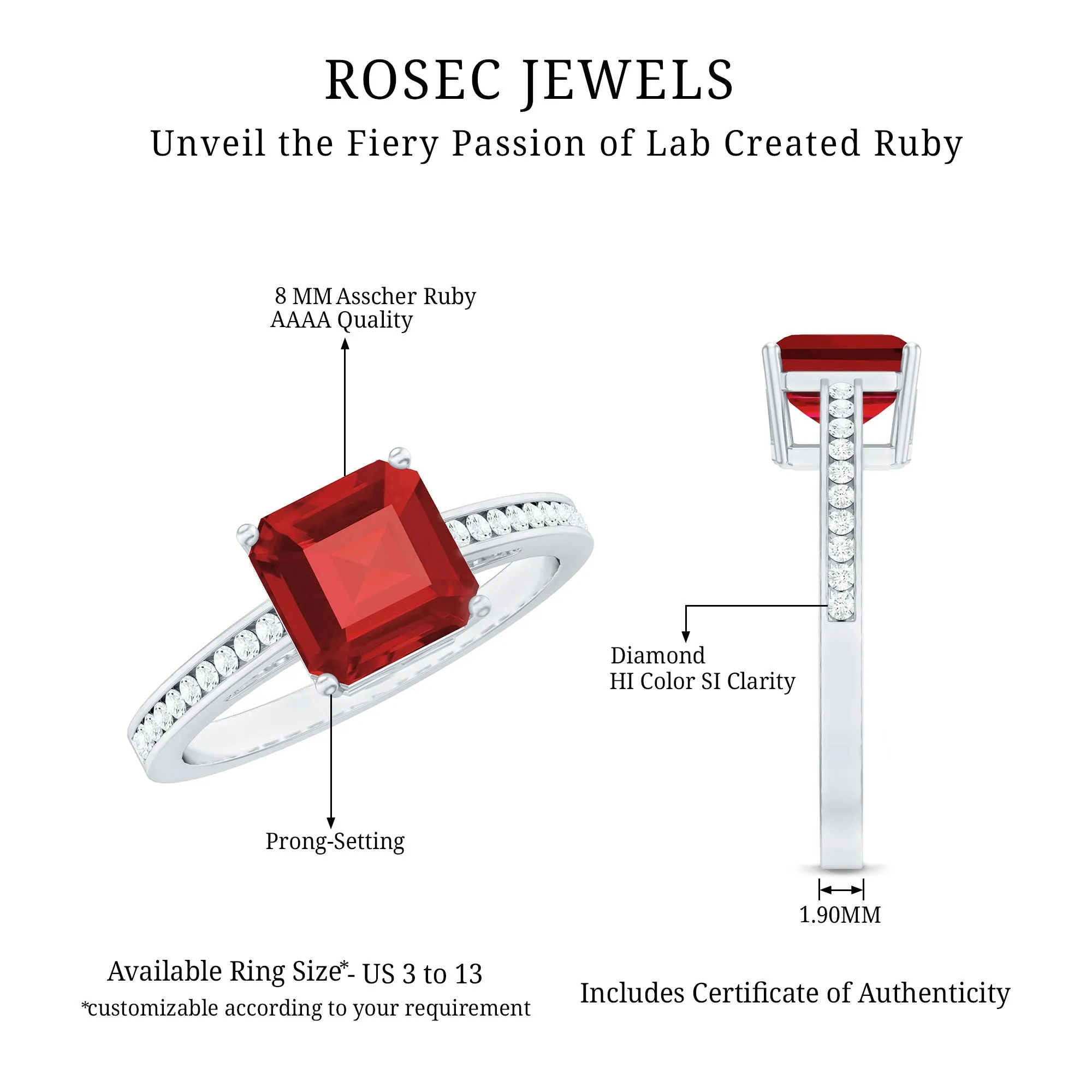 4.25 CT Asscher Cut Created Ruby Solitaire Engagement Ring with Diamond Side Stones