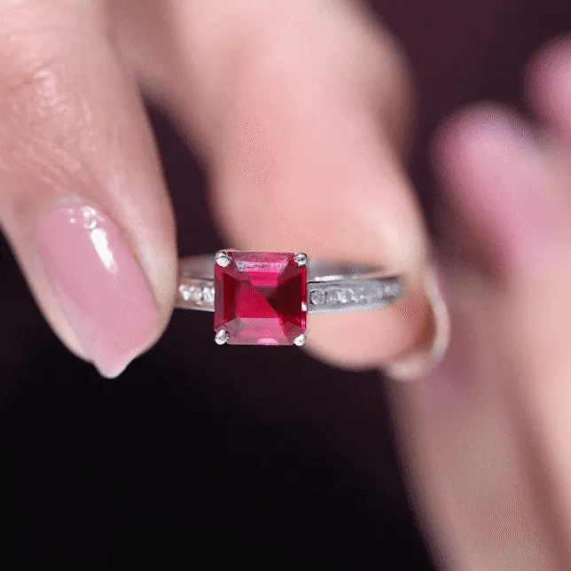 4.25 CT Asscher Cut Created Ruby Solitaire Engagement Ring with Diamond Side Stones