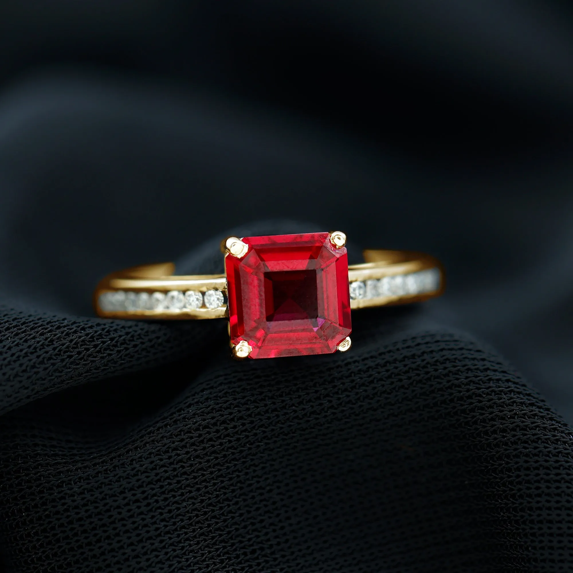 4.25 CT Asscher Cut Created Ruby Solitaire Engagement Ring with Diamond Side Stones