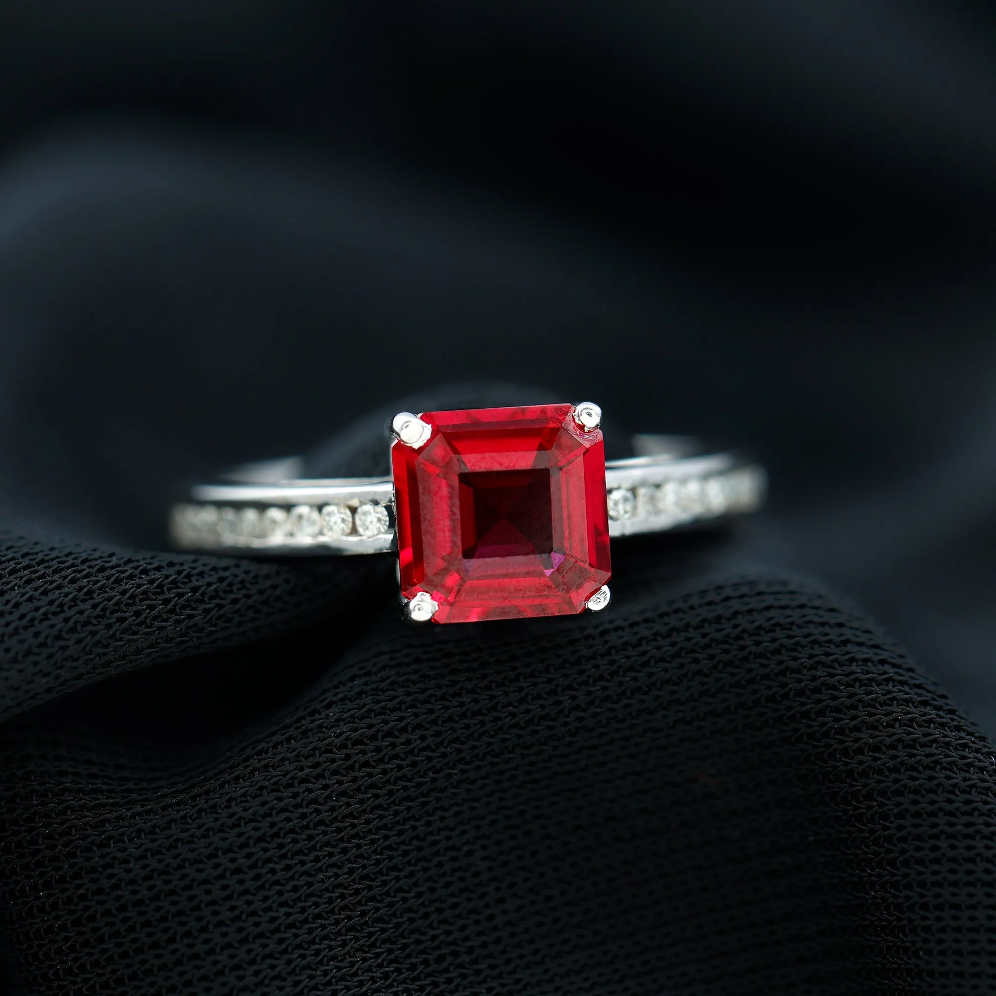 4.25 CT Asscher Cut Created Ruby Solitaire Engagement Ring with Diamond Side Stones