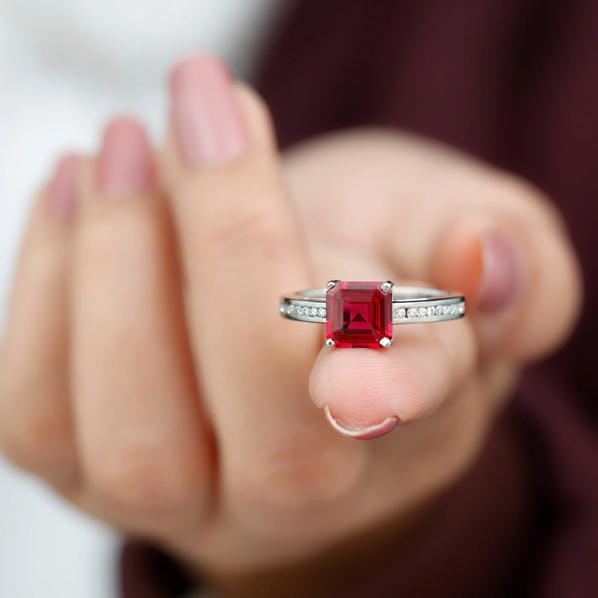 4.25 CT Asscher Cut Created Ruby Solitaire Engagement Ring with Diamond Side Stones