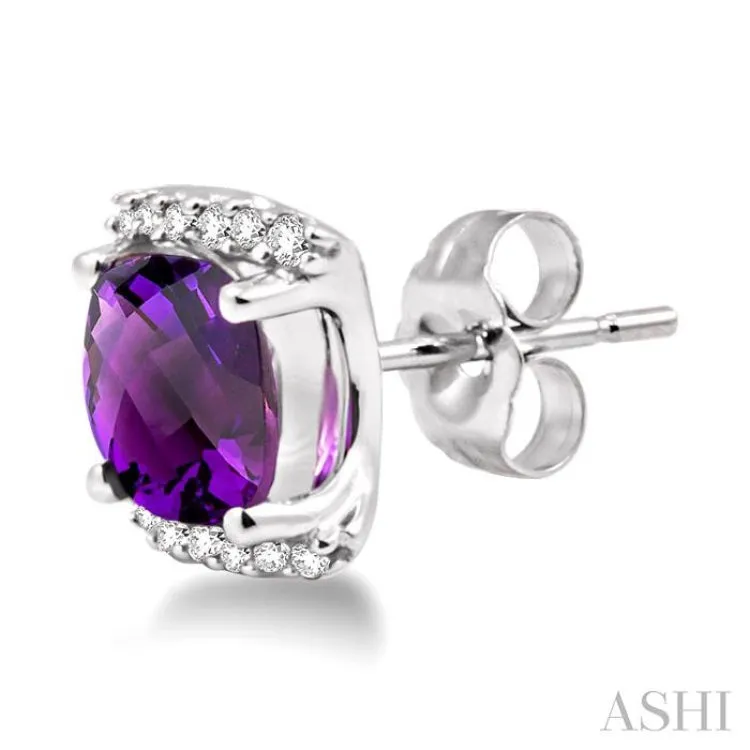 6x6MM Cushion Cut Amethyst and 1/10 Ctw Round Cut Diamond Earrings in 14K White Gold