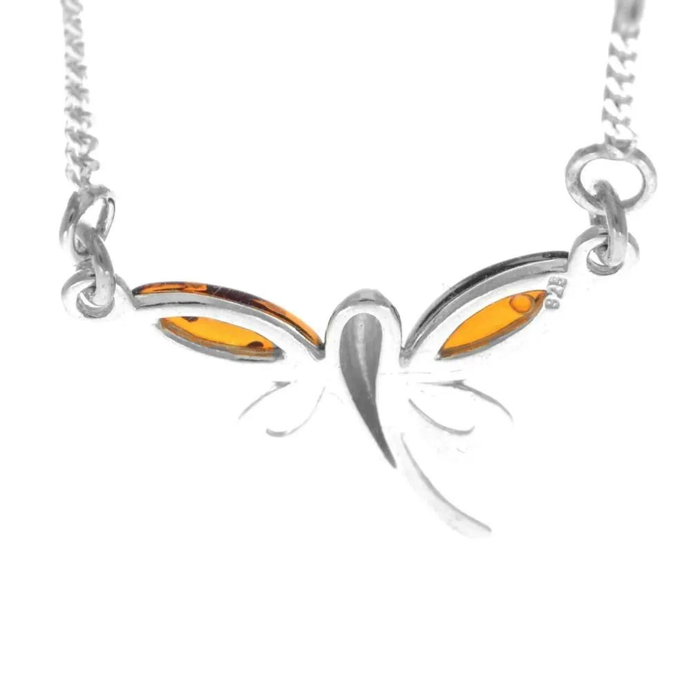 925 Sterling Silver & Genuine Baltic Amber Butterfly Modern Necklace - GL925