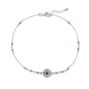 9.25" .75" Blue Beaded Anklet with Compass Charm