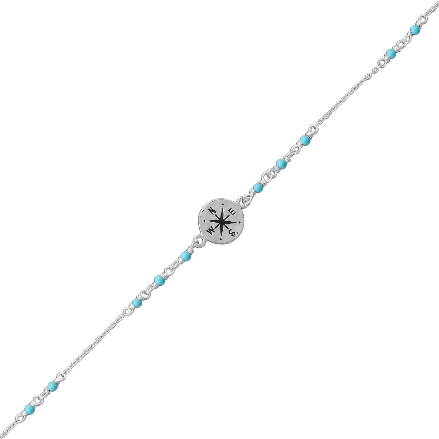 9.25" .75" Blue Beaded Anklet with Compass Charm